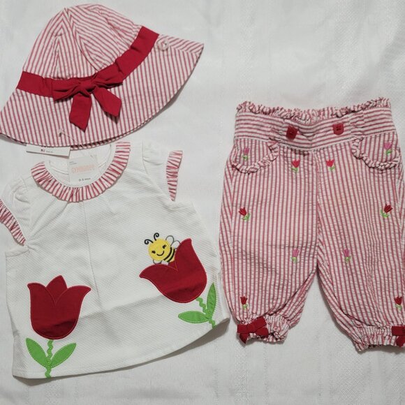 Gymboree Too Cute Tulip NWT 0-3 month top, VGUC pants, 3-6 month hat set. Mixed - Picture 2 of 5